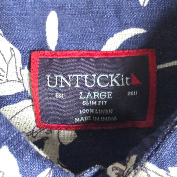Untuckit Shirt Mens Size Large Slim Fit Navy Floral Butt Down Beach 100% Linen - Picture 5 of 9